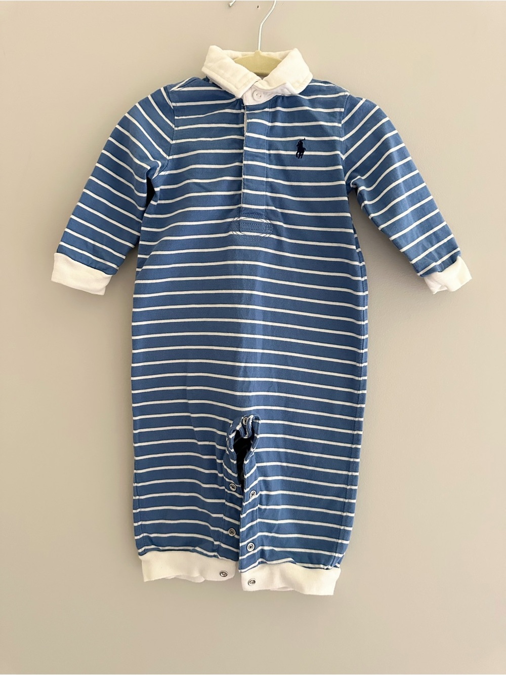 Polo Ralph Lauren Baby Striped Cotton Rugby Coverall, Size 9M, Blue/White